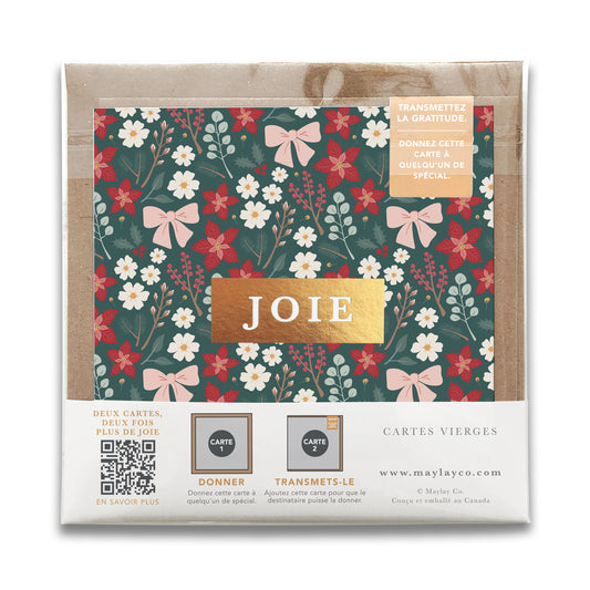 French Festive Floral Holiday "JOIE" — Cartes de Gratitude Édition des FĂªtes (Ensemble de 2) — Carte de NoĂ«l