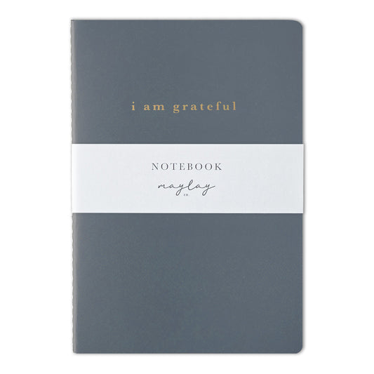 Blue "I Am Grateful" Jotter Notebook — Gold Foil with Dotted Grid Pages B6 Size