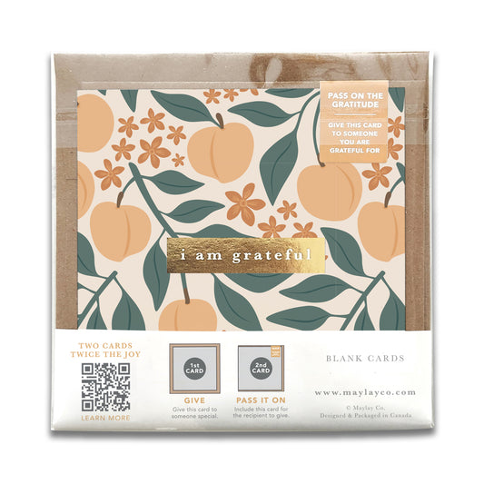 Peaches Floral "I Am Grateful" Gratitude Greeting Cards (Set of 2) — Pay-It-Forward Thank You Cards
