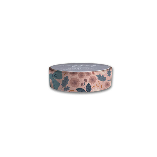 A roll of Bows Floral Washi Tape by Maylay Co., showcasing a floral design in shades of pink, green, and blue on a white background.