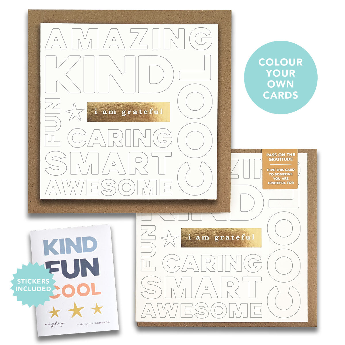 Kids Positive Words "I Am Grateful" Gratitude Greeting Cards (Set of 2) — Colour-Your-Own Pay-It-Forward Thank You Cards