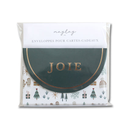 French Cozy Winter Holiday "JOIE" Enveloppes pour cartes-cadeaux 6Pk | Christmas Gift Card Holders