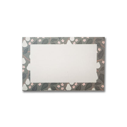 A Pears 6 Pk Gift Card Envelope by Maylay Co. showcases a decorative border with illustrations of pale green pears and pink flowers set against a dark leafy background, accented with an elegant gold foil design.