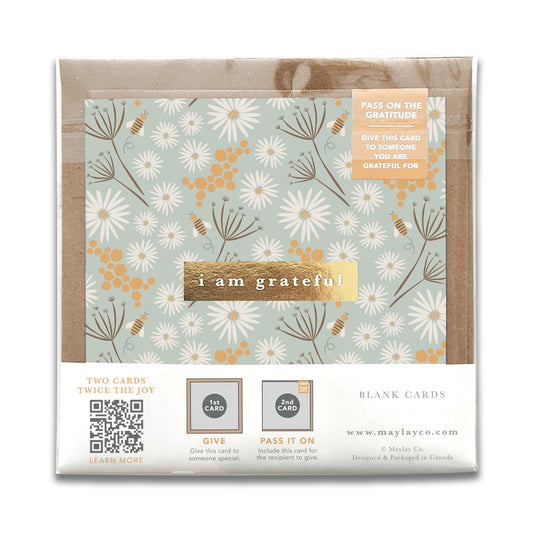 Bees Floral "I Am Grateful" Gratitude Greeting Cards (Set of 2) — Pay-It-Forward Thank You Cards
