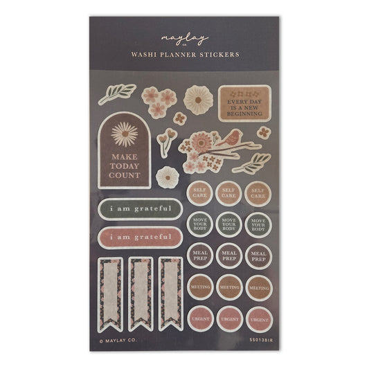 Birdy Floral Washi Planner Stickers — Mindful Sticker Sheet for Planners, Journals & Bullet Journaling