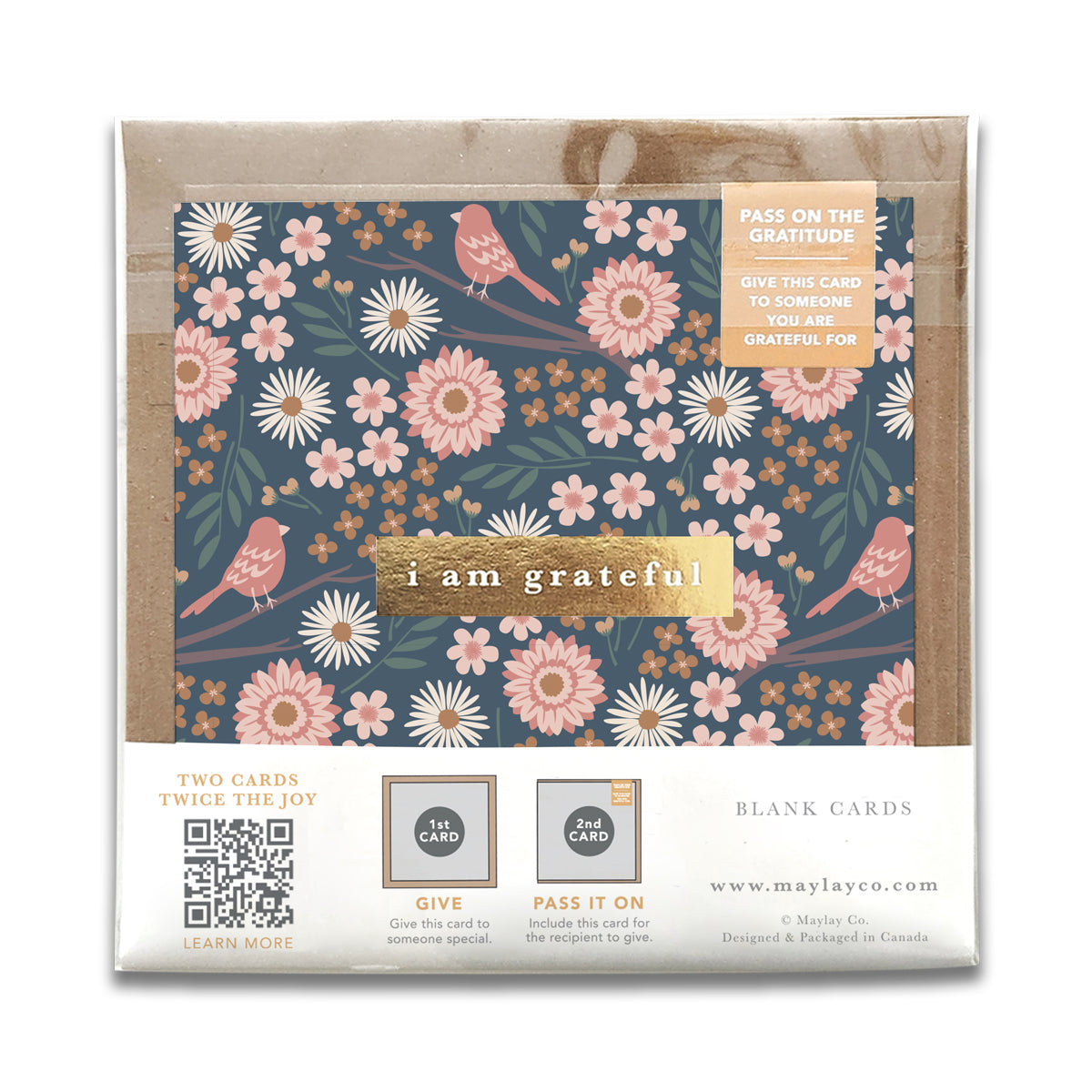 Birdy Floral "I Am Grateful" Gratitude Greeting Cards (Set of 2) — Pay-It-Forward Thank You Cards