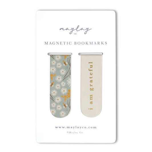 Bees Floral "I Am Grateful" Magnetic Bookmarks (Set of 2) — Page Markers for Books, Journals & Planners