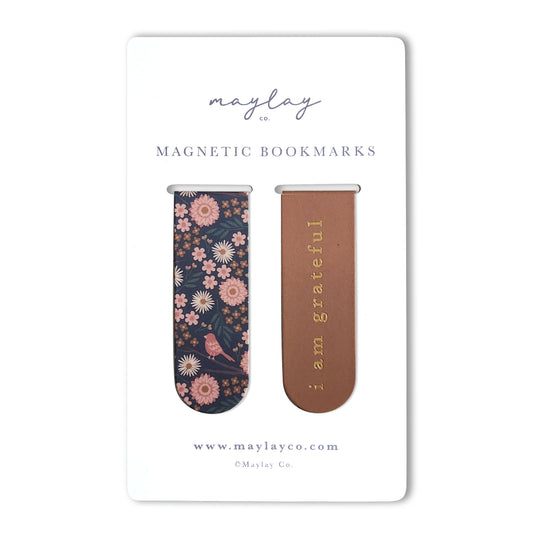 Birdy Floral Magnetic "I Am Grateful" Bookmarks (Set of 2) — Page Markers for Books, Journals & Planners