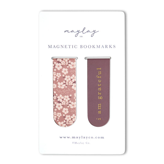 Cherry Blossoms Floral "I Am Grateful" Magnetic Bookmarks (Set of 2) — Page Markers for Books, Journals & Planners