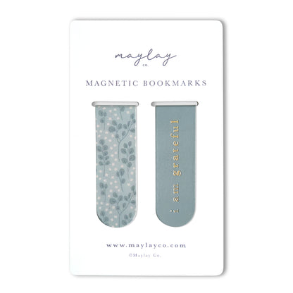 Eucalyptus Floral "I Am Grateful" Magnetic Bookmarks (Set of 2) — Page Markers for Books, Journals & Planners