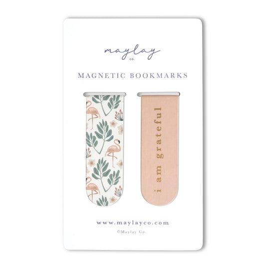 Flamingos Floral "I Am Grateful" Magnetic Bookmarks (Set of 2) — Page Markers for Books, Journals & Planners