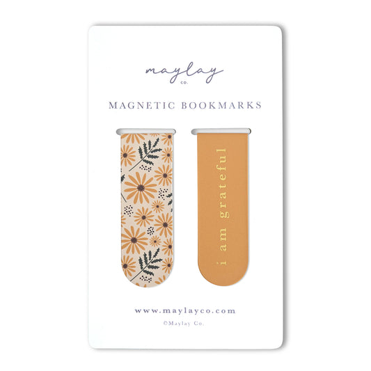Hello Daisy Floral "I Am Grateful" Magnetic Bookmarks (Set of 2) — Page Markers for Books, Journals & Planners