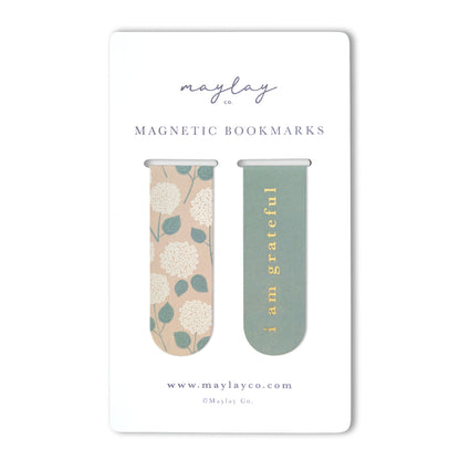 Hydrangeas Floral "I Am Grateful" Magnetic Bookmarks (Set of 2) — Page Markers for Books, Journals & Planners