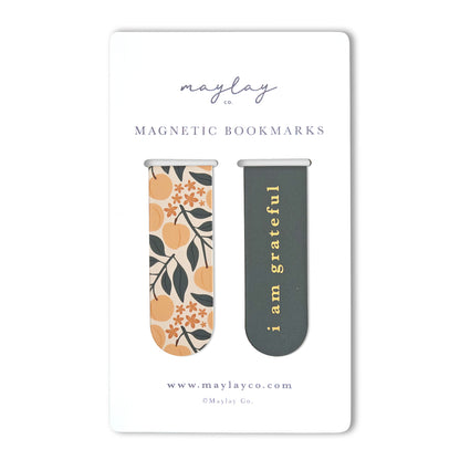 Peaches Floral "I Am Grateful" Magnetic Bookmarks (Set of 2) — Page Markers for Books, Journals & Planners