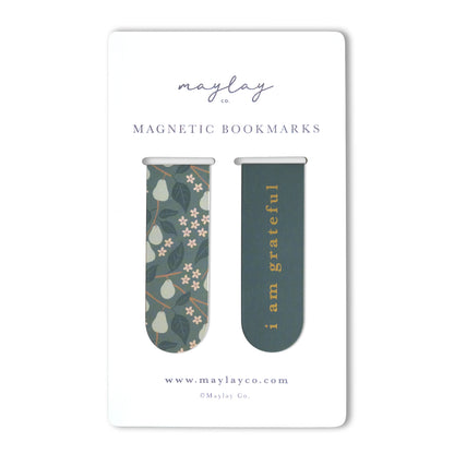 Pears Floral "I Am Grateful" Magnetic Bookmarks (Set of 2) — Page Markers for Books, Journals & Planners
