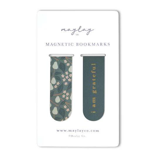 Pears Floral "I Am Grateful" Magnetic Bookmarks (Set of 2) — Page Markers for Books, Journals & Planners