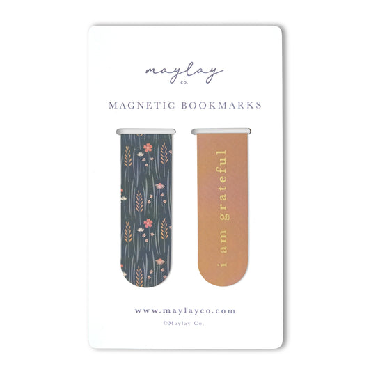 Wildflowers Floral "I Am Grateful" Magnetic Bookmarks (Set of 2) — Page Markers for Books, Journals & Planners
