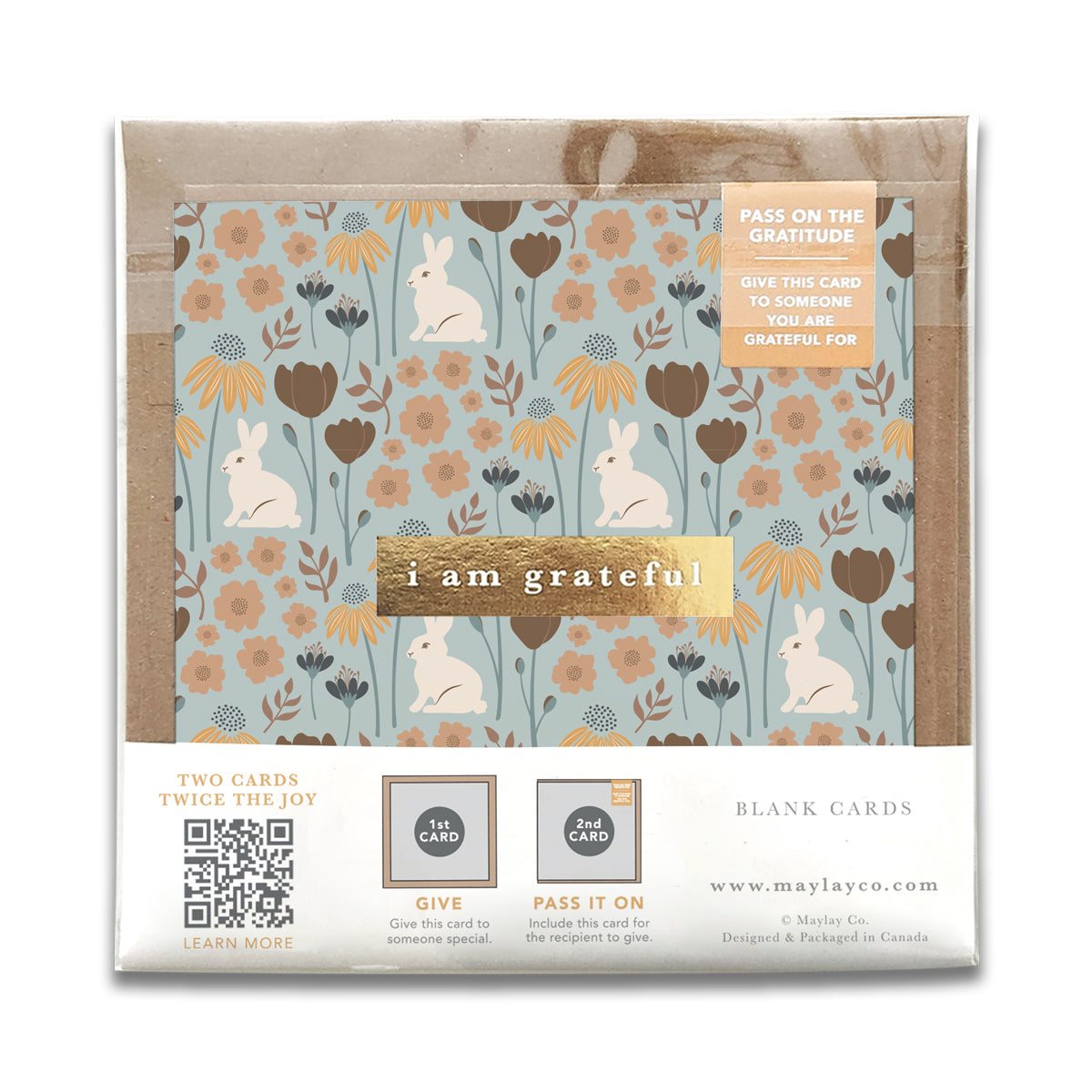 Bunny Floral "I Am Grateful" Gratitude Greeting Cards (Set of 2) — Pay-It-Forward Thank You Cards
