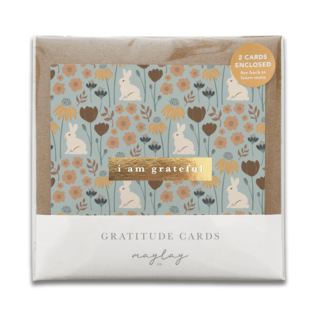 Bunny Floral "I Am Grateful" Gratitude Greeting Cards (Set of 2) — Pay-It-Forward Thank You Cards