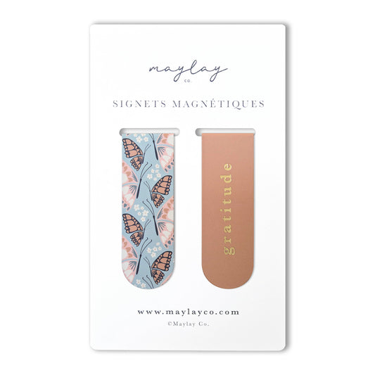 French Butterfly « Gratitude » Signets Magnétiques / Magnetic Bookmarks (Ensemble de 2) — Pour Livres, Journaux et Agendas
