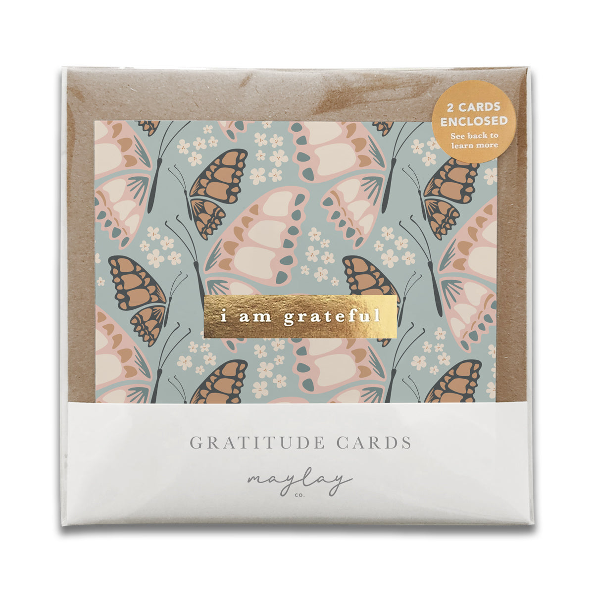 Butterfly Floral "I Am Grateful" Gratitude Greeting Cards (Set of 2) — Pay-It-Forward Thank You Cards