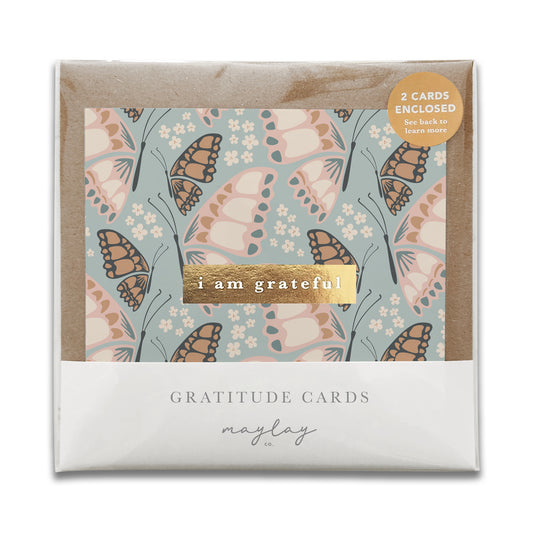 Butterfly Floral "I Am Grateful" Gratitude Greeting Cards (Set of 2) — Pay-It-Forward Thank You Cards