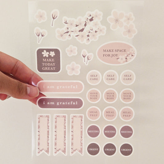 Cherry Blossoms Floral Washi Planner Stickers — Mindful Sticker Sheet for Planners, Journals & Bullet Journaling