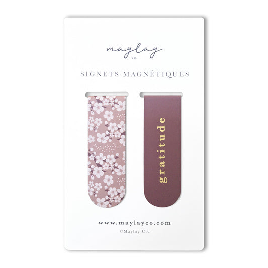 French Cherry Blossoms « Gratitude » Signets Magnétiques / Magnetic Bookmarks (Ensemble de 2) — Pour Livres, Journaux et Agendas