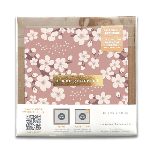 Cherry Blossoms "I Am Grateful" Gratitude Greeting Cards (Set of 2) — Pay-It-Forward Thank You Cards