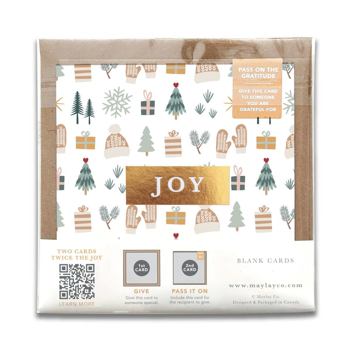 Cozy Winter "JOY" Holiday Gratitude Greeting Cards (Set of 2) — Pay-It-Forward Christmas Card