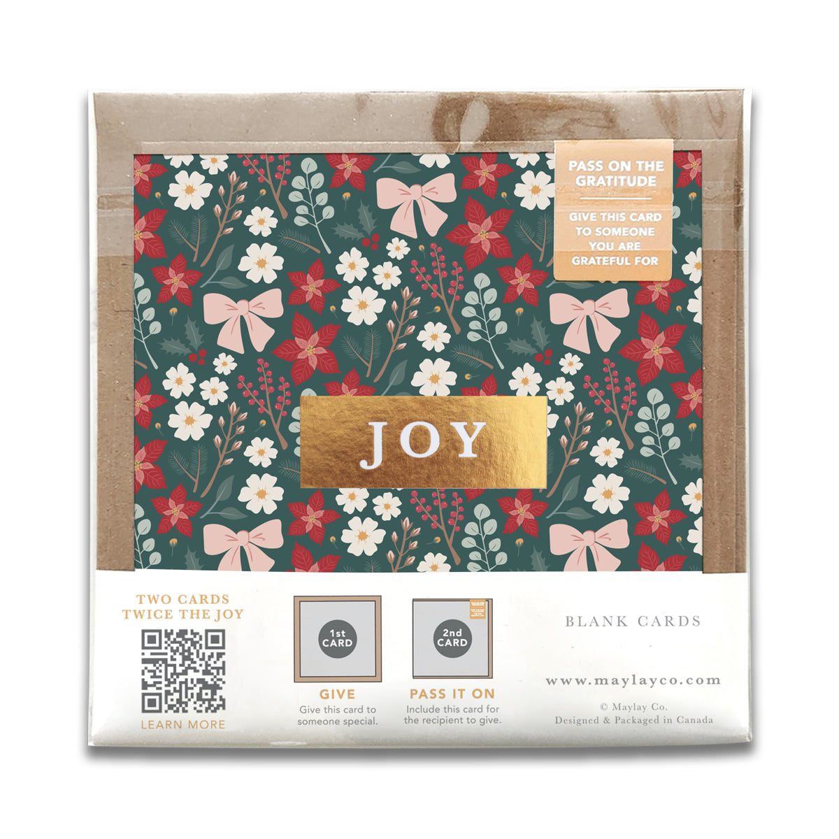 Festive Floral "JOY" Holiday Gratitude Greeting Cards (Set of 2) — Pay-It-Forward Christmas Card