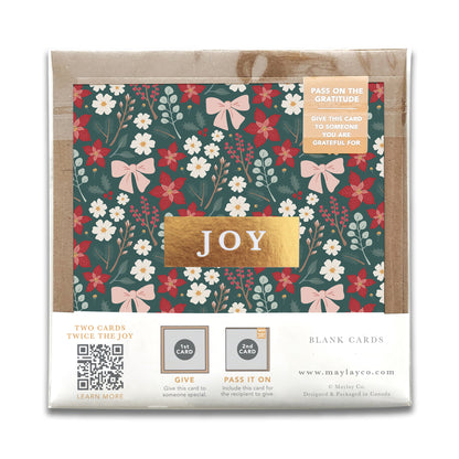 Festive Floral "JOY" Holiday Gratitude Greeting Cards (Set of 2) — Pay-It-Forward Christmas Card