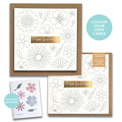 Kids Flowers "I Am Grateful" Gratitude Greeting Cards (Set of 2) — Colour-Your-Own Pay-It-Forward Thank You Cards