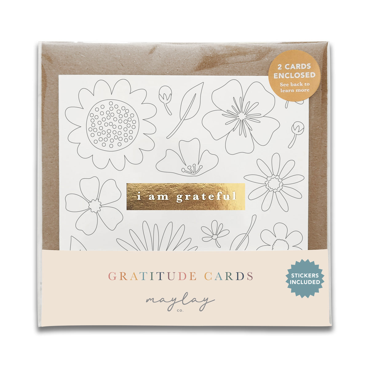 Kids Flowers "I Am Grateful" Gratitude Greeting Cards (Set of 2) — Colour-Your-Own Pay-It-Forward Thank You Cards