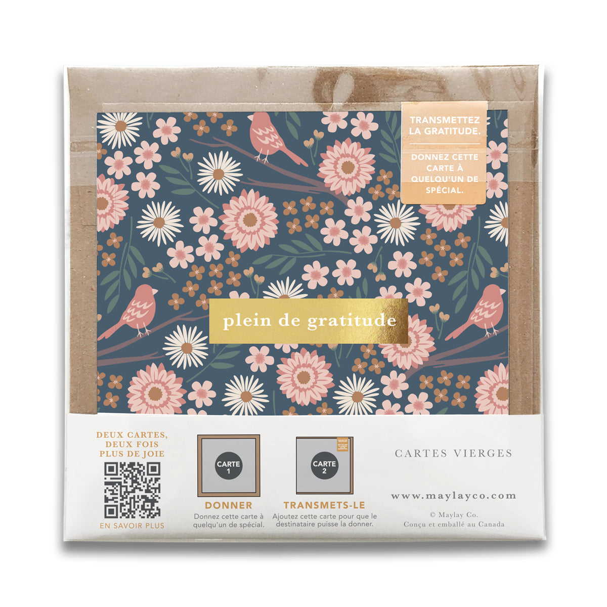 French Birdy Florals  « Plein de Gratitude » — Cartes de Gratitude (Ensemble de 2) — Cartes à Transmettre