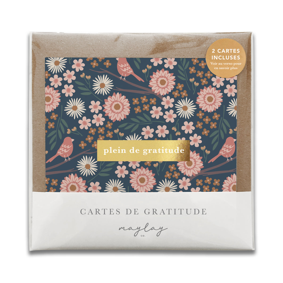 French Birdy Florals  « Plein de Gratitude » — Cartes de Gratitude (Ensemble de 2) — Cartes à Transmettre
