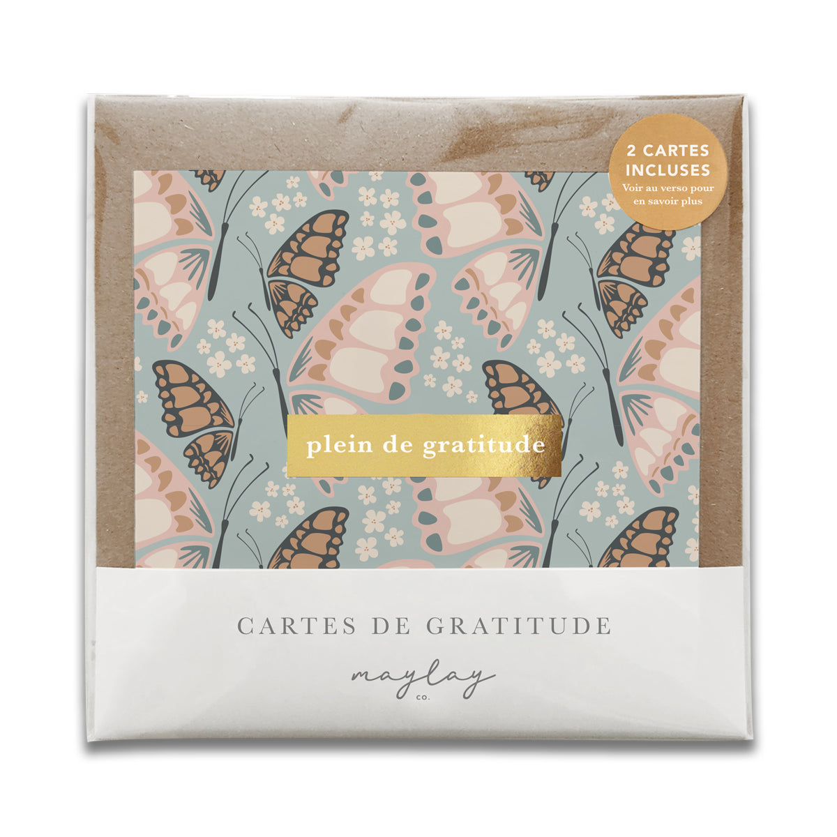 French Butterfly Florals  « Plein de Gratitude » — Cartes de Gratitude (Ensemble de 2) — Cartes à Transmettre