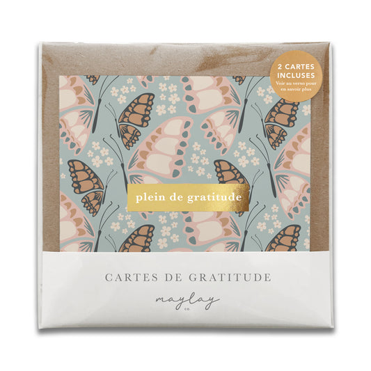 French Butterfly Florals  « Plein de Gratitude » — Cartes de Gratitude (Ensemble de 2) — Cartes à Transmettre