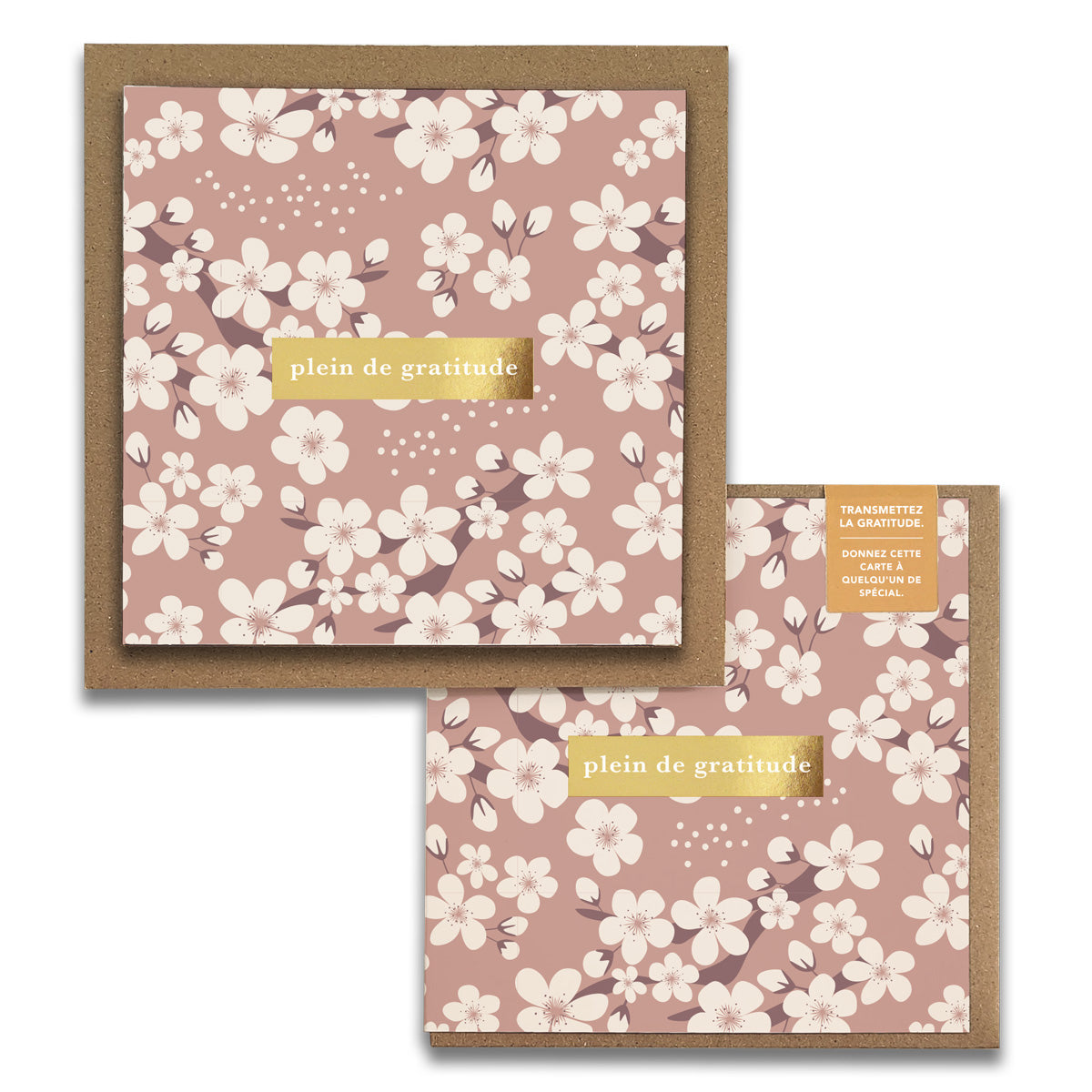French Cherry Blossoms Florals  « Plein de Gratitude » — Cartes de Gratitude (Ensemble de 2) — Cartes à Transmettre