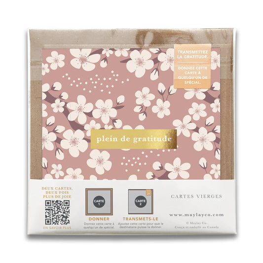 French Cherry Blossoms Florals  « Plein de Gratitude » — Cartes de Gratitude (Ensemble de 2) — Cartes à Transmettre