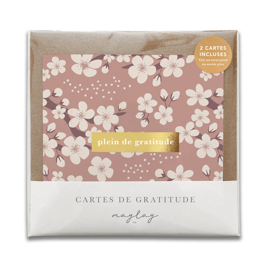 French Cherry Blossoms Florals  « Plein de Gratitude » — Cartes de Gratitude (Ensemble de 2) — Cartes à Transmettre