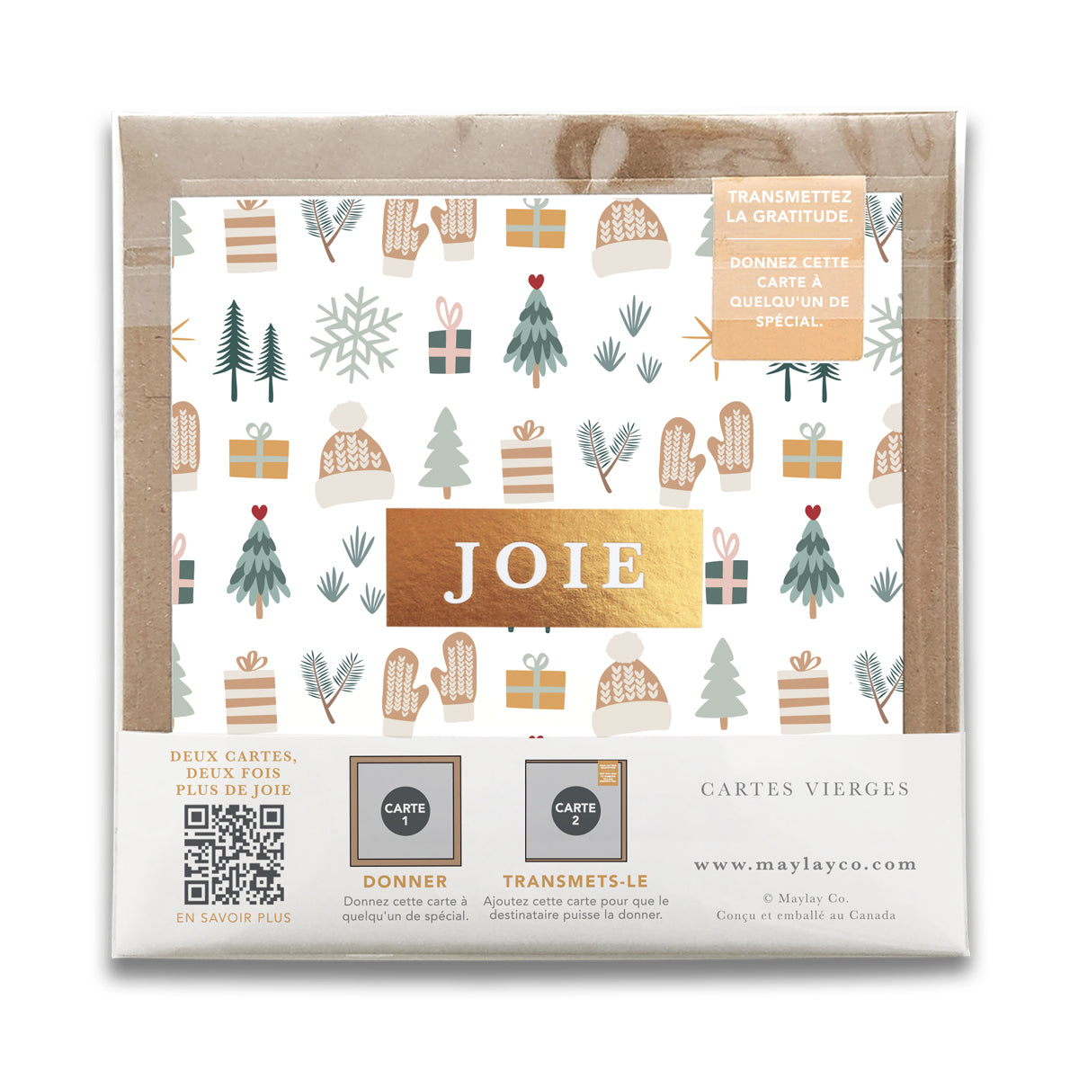 French Cozy Winter Holiday "JOIE" — Cartes de Gratitude Édition des Fêtes (Ensemble de 2) — Carte de Noël