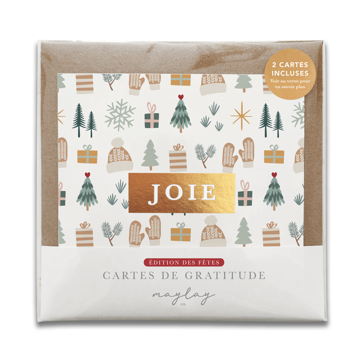 French Cozy Winter Holiday "JOIE" — Cartes de Gratitude Édition des Fêtes (Ensemble de 2) — Carte de Noël