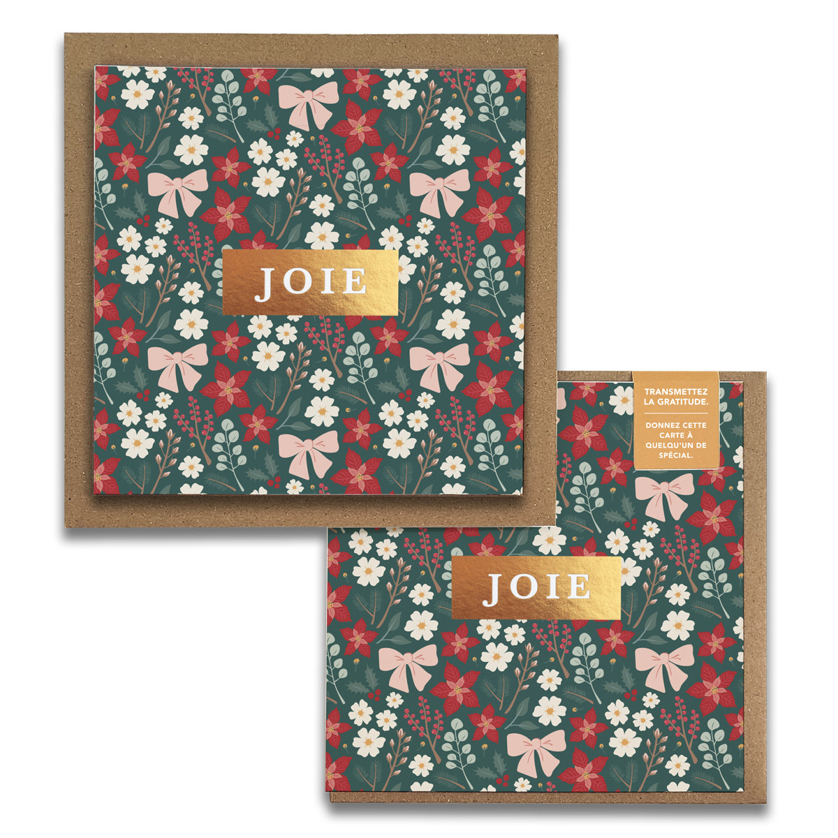 French Festive Floral Holiday "JOIE" — Cartes de Gratitude Édition des Fêtes (Ensemble de 2) — Carte de Noël