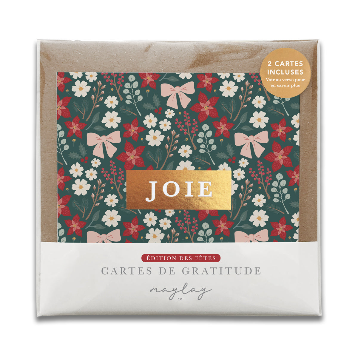 French Festive Floral Holiday "JOIE" — Cartes de Gratitude Édition des Fêtes (Ensemble de 2) — Carte de Noël