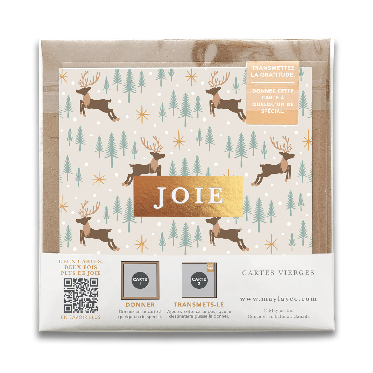 French Reindeer Forest Holiday "JOIE" — Cartes de Gratitude Édition des Fêtes (Ensemble de 2) — Carte de Noël