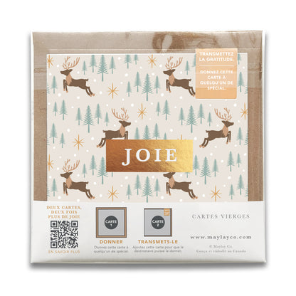 French Reindeer Forest Holiday "JOIE" — Cartes de Gratitude Édition des Fêtes (Ensemble de 2) — Carte de Noël