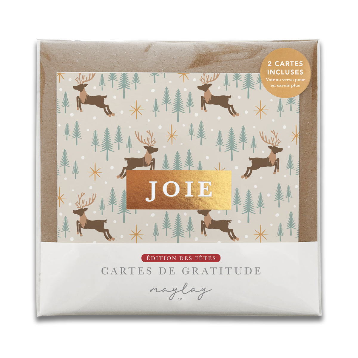 French Reindeer Forest Holiday "JOIE" — Cartes de Gratitude Édition des Fêtes (Ensemble de 2) — Carte de Noël