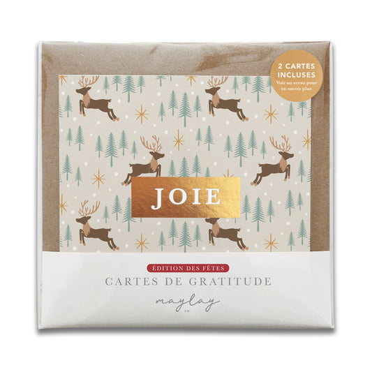 French Reindeer Forest Holiday "JOIE" — Cartes de Gratitude Édition des Fêtes (Ensemble de 2) — Carte de Noël