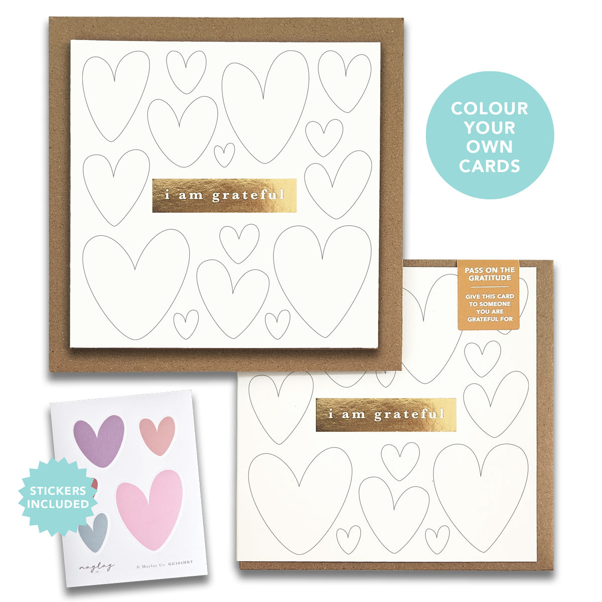 Kids Hearts "I Am Grateful" Gratitude Greeting Cards (Set of 2) — Colour-Your-Own Pay-It-Forward Thank You Cards